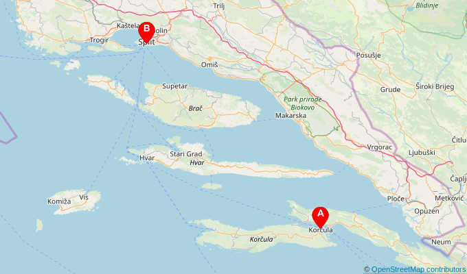 Map of ferry route between Korcula and Split